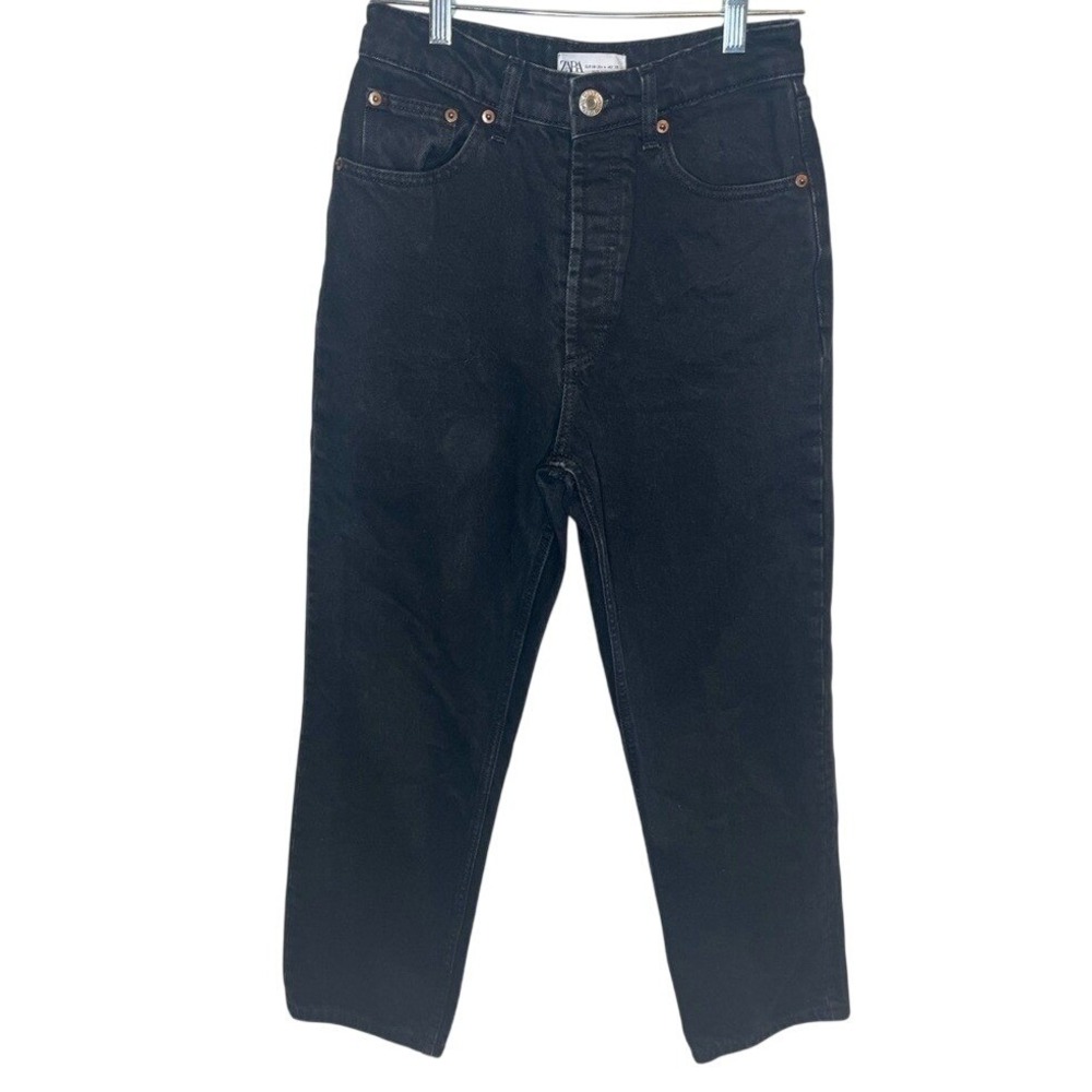 Zara Womens High Waisted Straight Leg Jeans Faded Black Button Fly Size 4